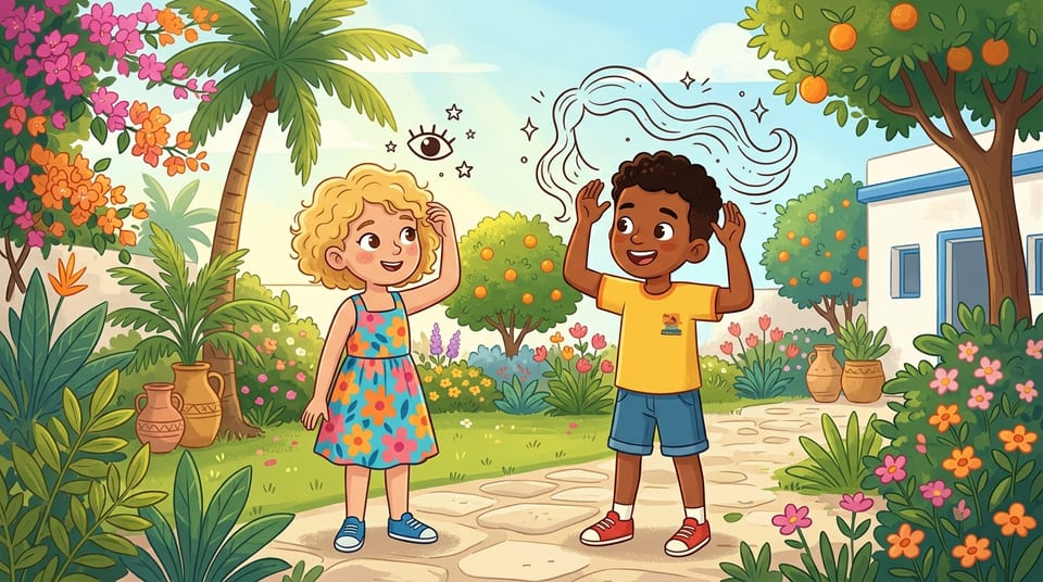 Youssef décrit les cheveux de sa sœur à Maya dans un jardin ensoleillé